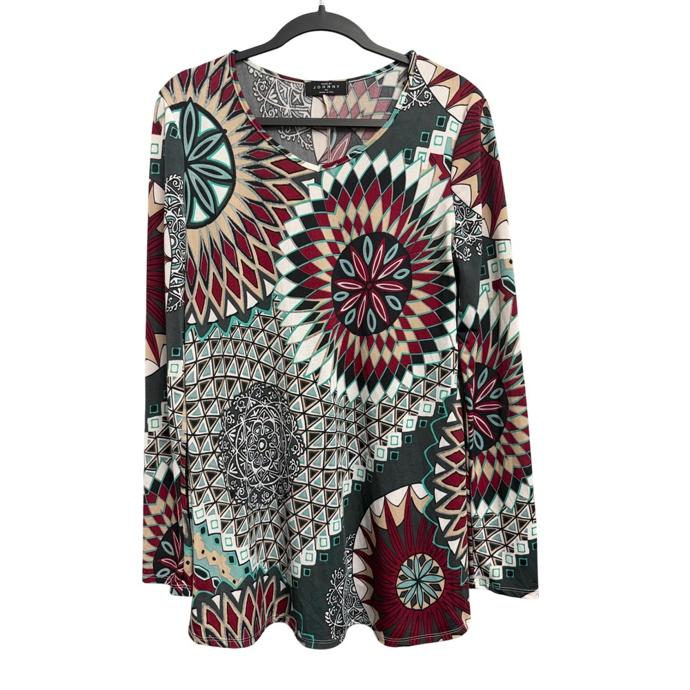 Made by Johnny Women XL Tunic Top Long Sleeve Geometric Mandala V-Neck Burgundy